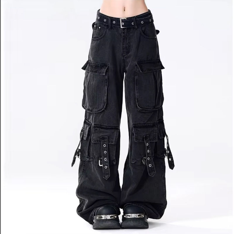 Women's Black Baggy Cargo Jeans Harajuku Oversize Denim Trousers Y2k 90s Vintag