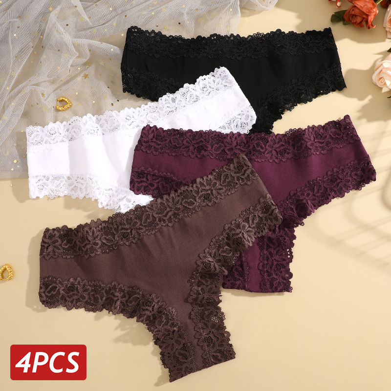4PCS/Set Cotton Panties for Women Floral Lace Seamless Brazilian Panties Low Ris
