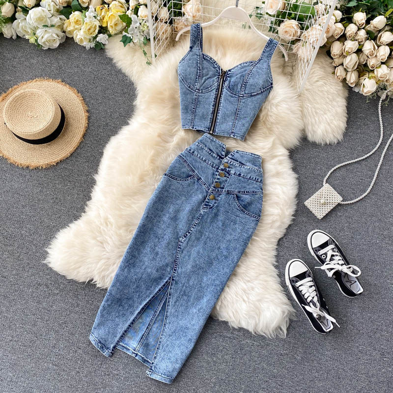 Amolapha Women Jeans Vest+Skirts Sets Straps Tops Buttons Denim Skirt Suits for