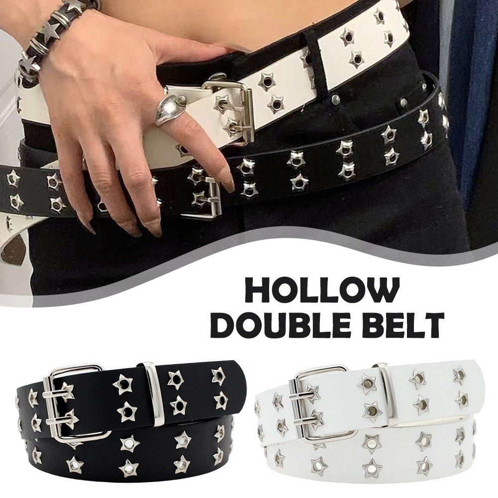 Y2K Punk Rivet Leather Belts Star PU Black White Waist Strap Double Row Hollow