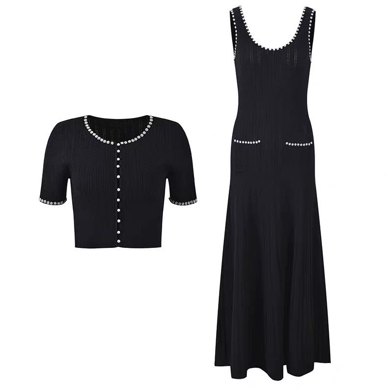 High-quality new heavy-duty beading French-style sequin backless knitted long dr