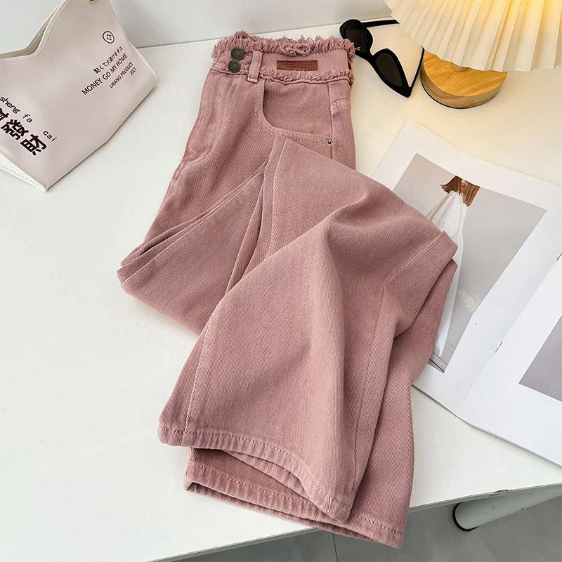 Korean Style Pink Jeans Women Spring Autumn High Waist Raw Edge Straight Denim P