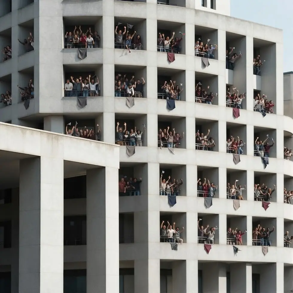 Studio photography of a modern building facade with numerous balconies. Groups of people stand on each balcony waving, creating a sense of community and connection.