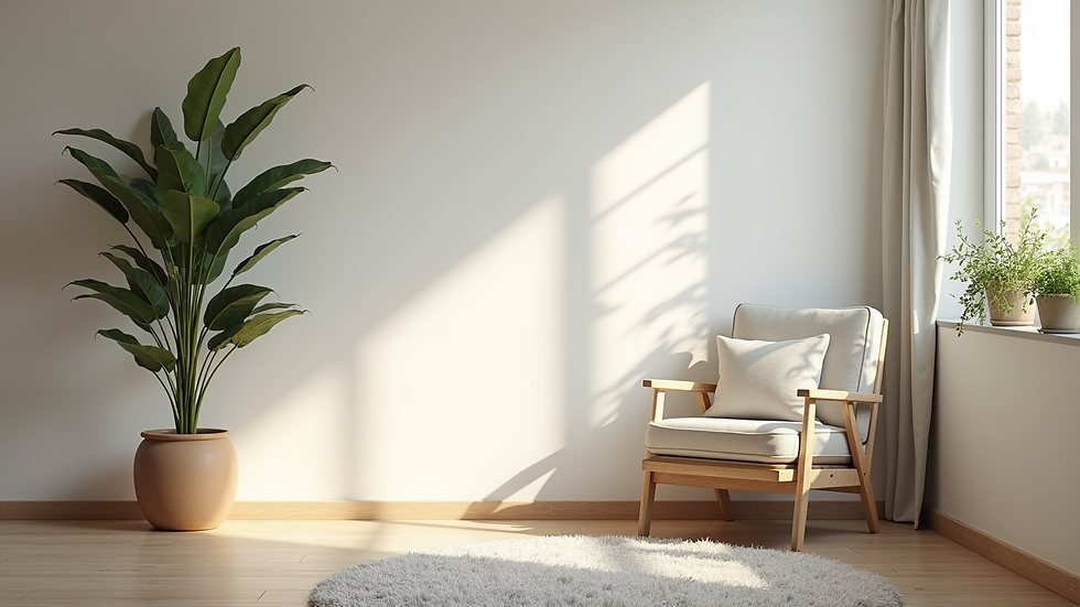 Plano medio de una habitación tranquila con una silla y una planta, ambiente propicio para terapia online