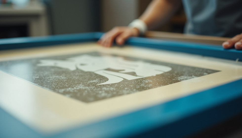 Eye-level view of a screen printing machine in action at a local Longmont shop