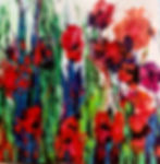Explosion de fleurs rouges et violettes sur fond de verts intenses, peinture acrylique 48x48 po par Isabelle Gosselin.