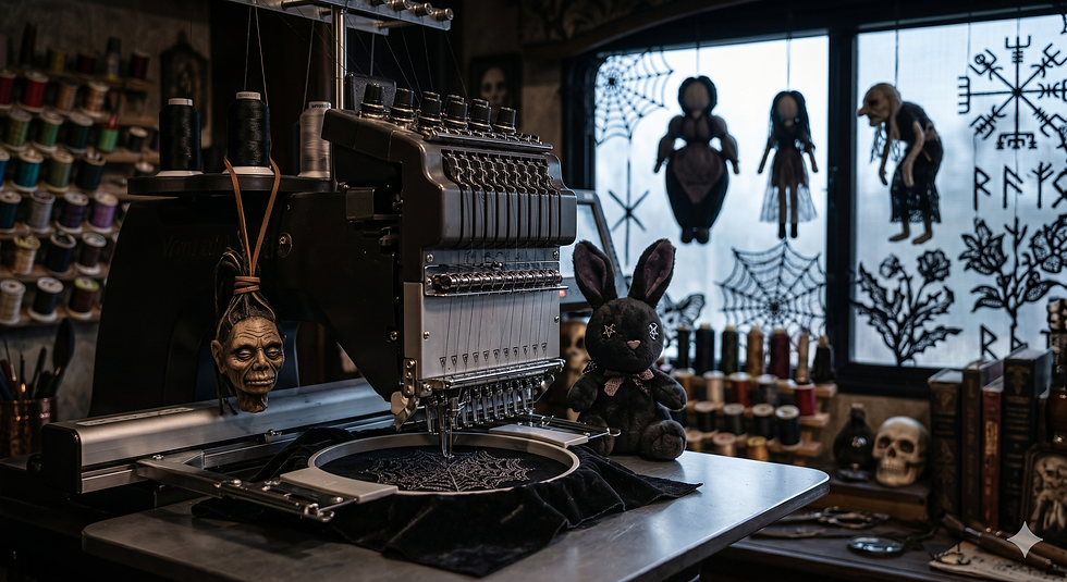 A raven holds skull lights in a dimly lit, gothic kitchen. A broom, typewriter with skull, and thread spools are visible. Moody atmosphere.