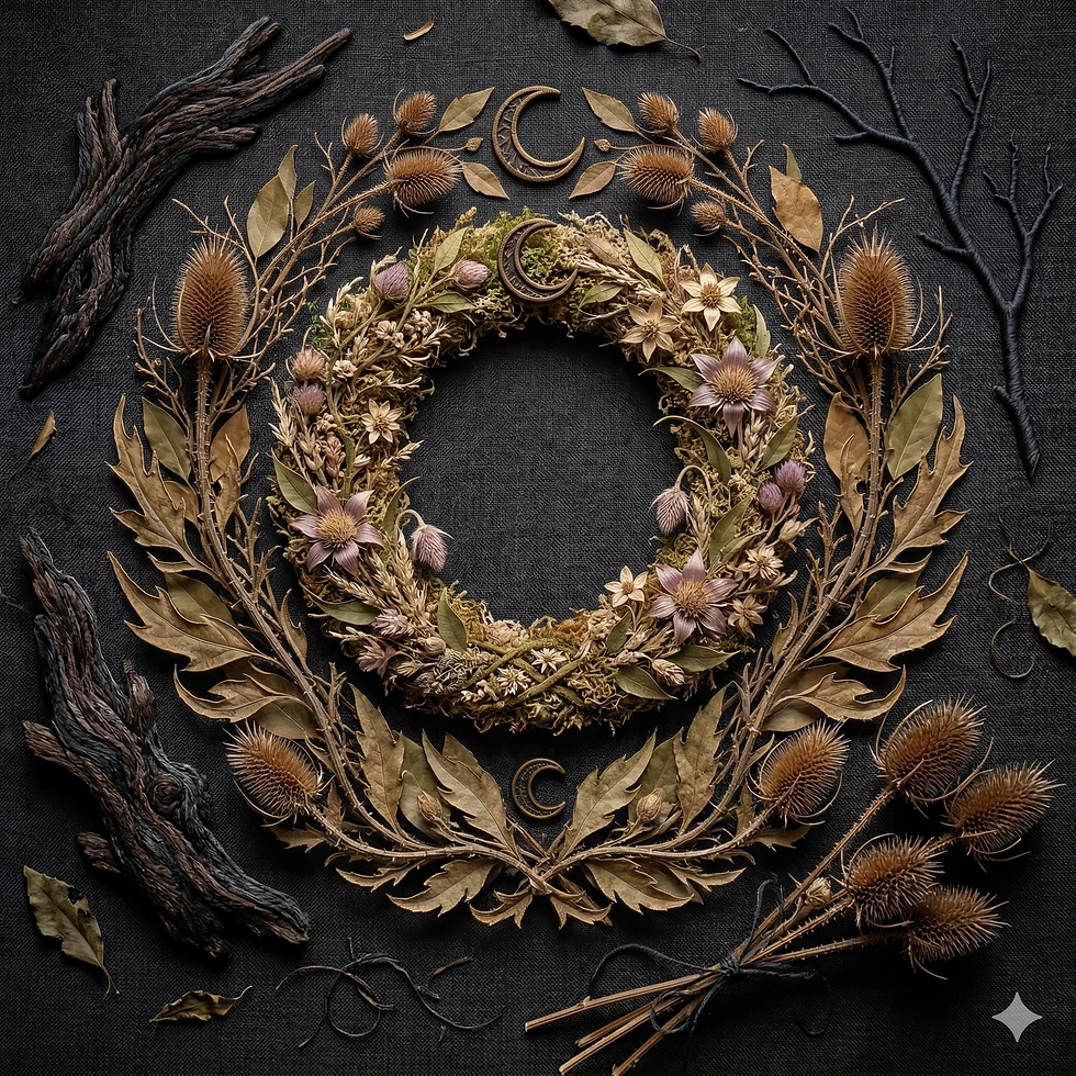 "The blueprint of balance: Roots in the shadows, form in the light. 🌒✨ This curated collection of dried botanical textures and lunar bronze honors the necessary decay that anchors the Vernal Awakening. A visual reminder that the cycle requires both the thistle and the moon to begin again."