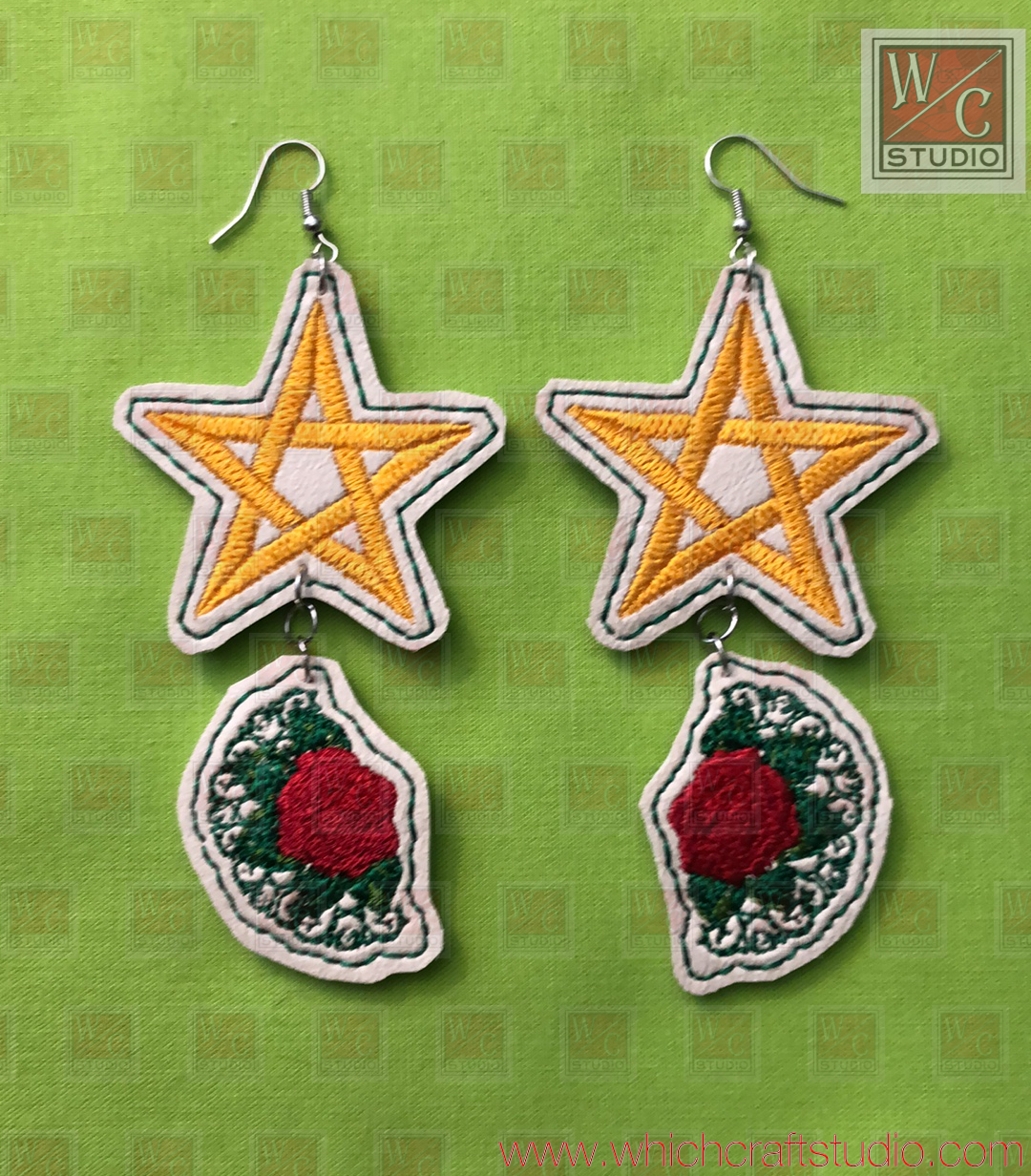 Digital Pentagram with Roses Earrings Digital Embroidery Design