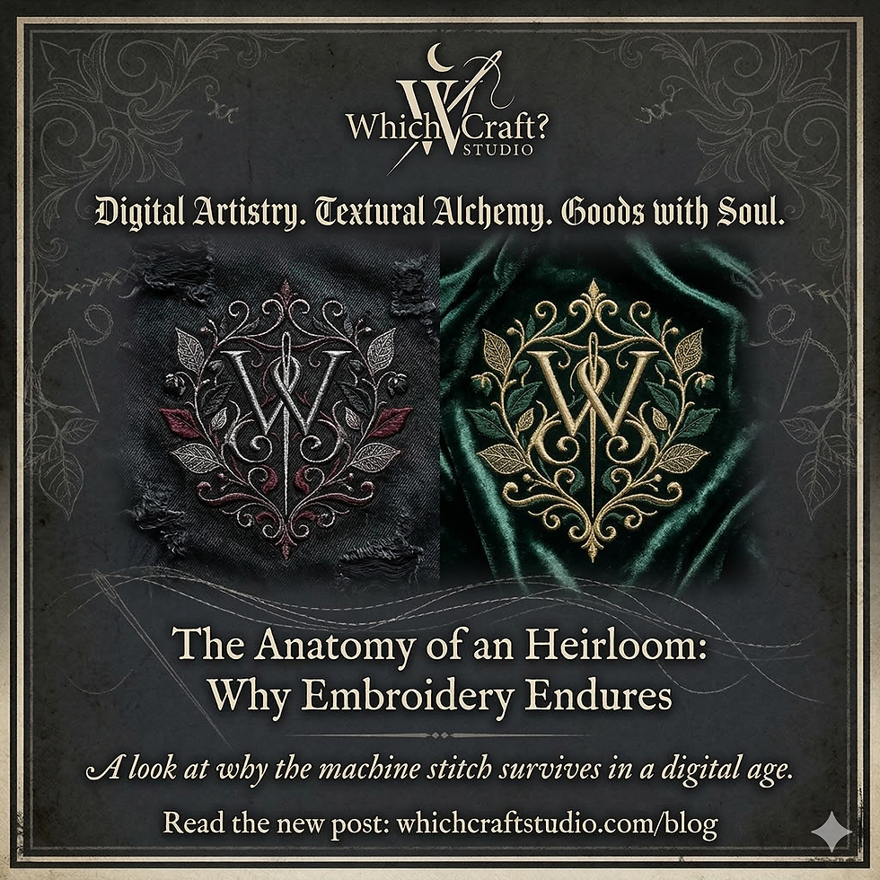 A square promotional flyer for WhichCraft? Studio featuring a dark, botanical "W" sigil. The left side shows the design in silver and deep red thread on distressed black denim. The right side shows the same design in antique gold and forest green thread on lush emerald crushed velvet. Text reads: "The Anatomy of an Heirloom: Why Embroidery Endures."