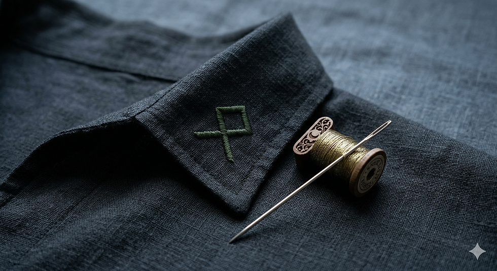 Make your mantle meaningful. 🌙 This deep linen collar features a discreetly hand-stitched ᛟ (Othala) rune, symbolizing inherited wisdom, ancestral roots, and a quiet sense of belonging.