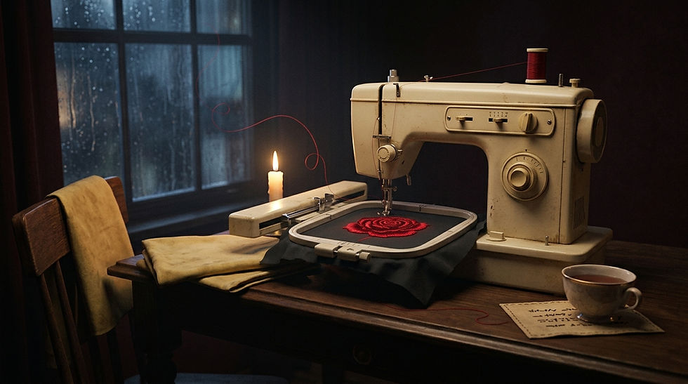A vintage cream sewing machine stitching a red rose onto black fabric in a hoop, beside a lit candle, a teacup, and a rain-streaked window at night.