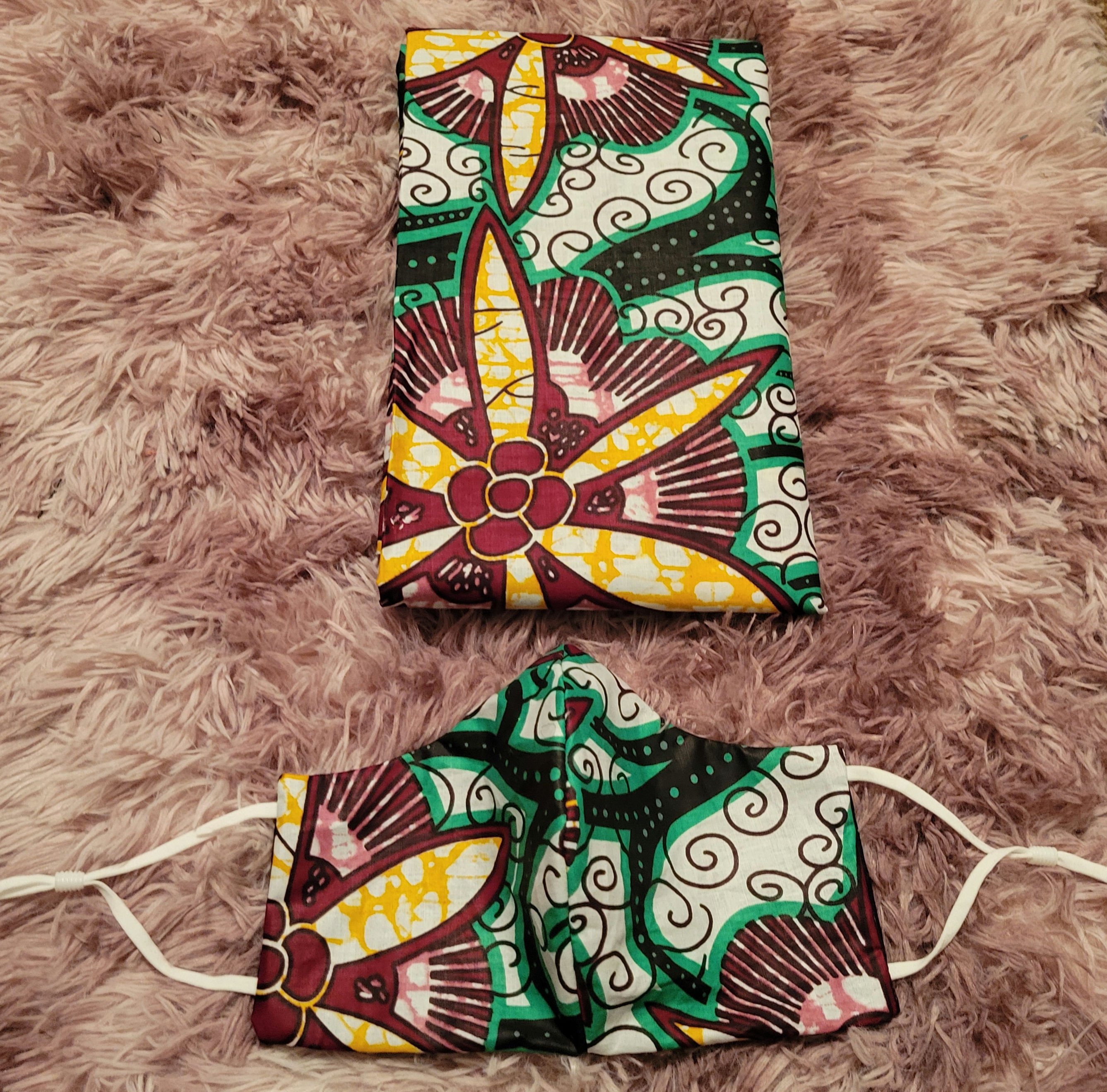 Burgandy Ankara African Print Headwrap/Mask Set