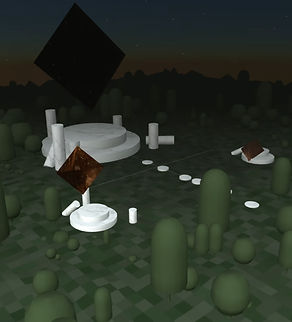 A low poly rendering of a field with broken temple pieces scattered around.