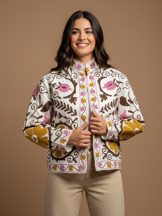 Suzani Jacke aus Samt bestickt mit Mandalas und Ornamenten, Cream
Onesize