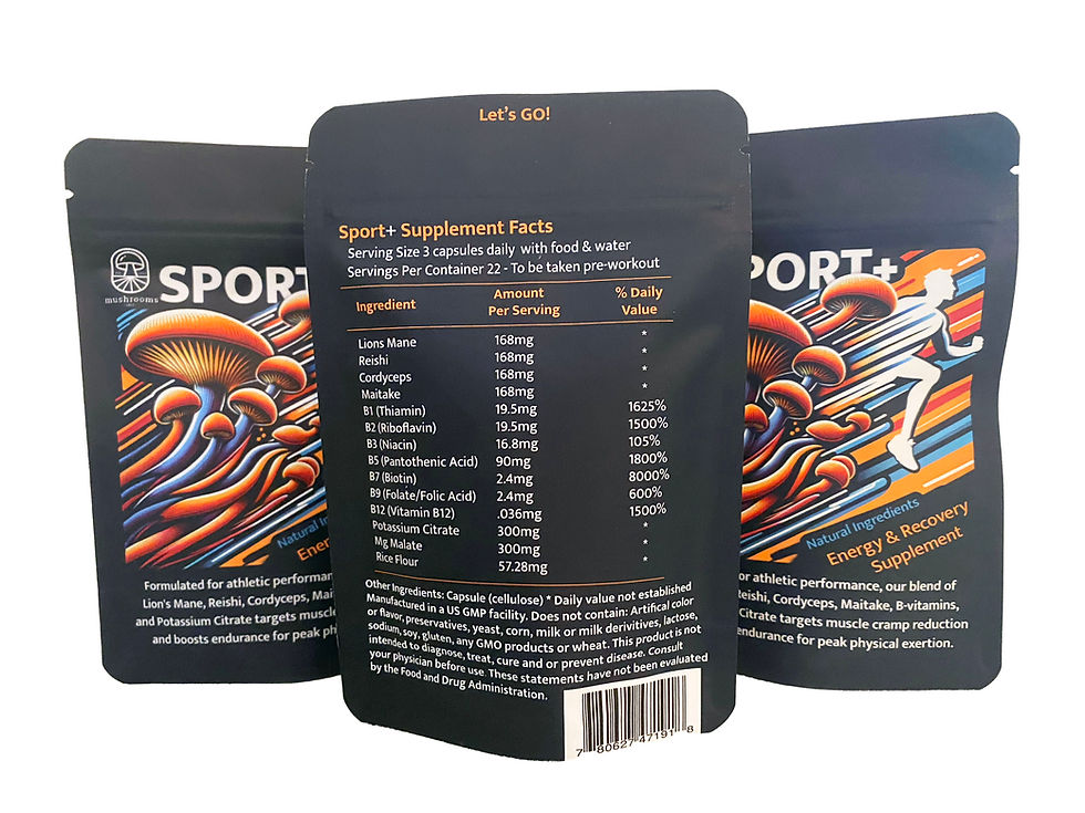 Thumbnail: Dynamic SPORT+ capsules from Mushrooms Inc. for peak athletic performance, featuring organic mushrooms supplement enhanced with B-vitamins for energy and recovery.