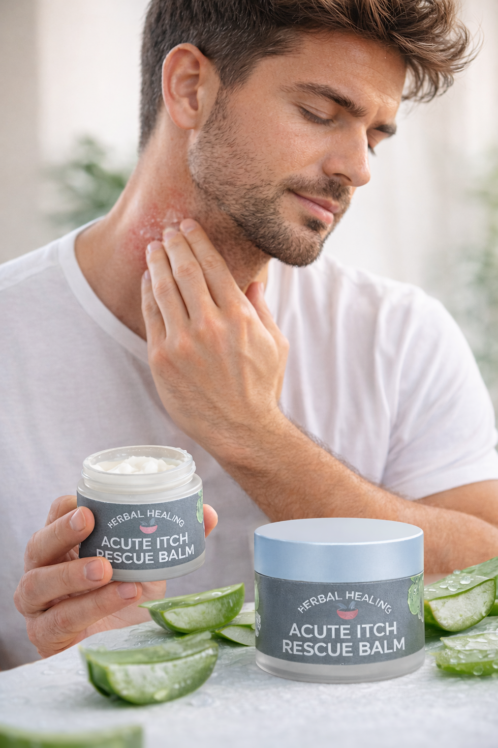 Thumbnail: Man applying Acute Itch Rescue Balm on his neck