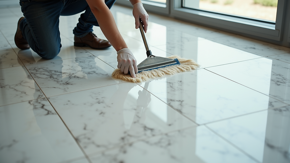 High angle view of a person applying sealer on marble floor