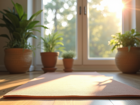 peaceful picture of yoga mat in front of window with plants