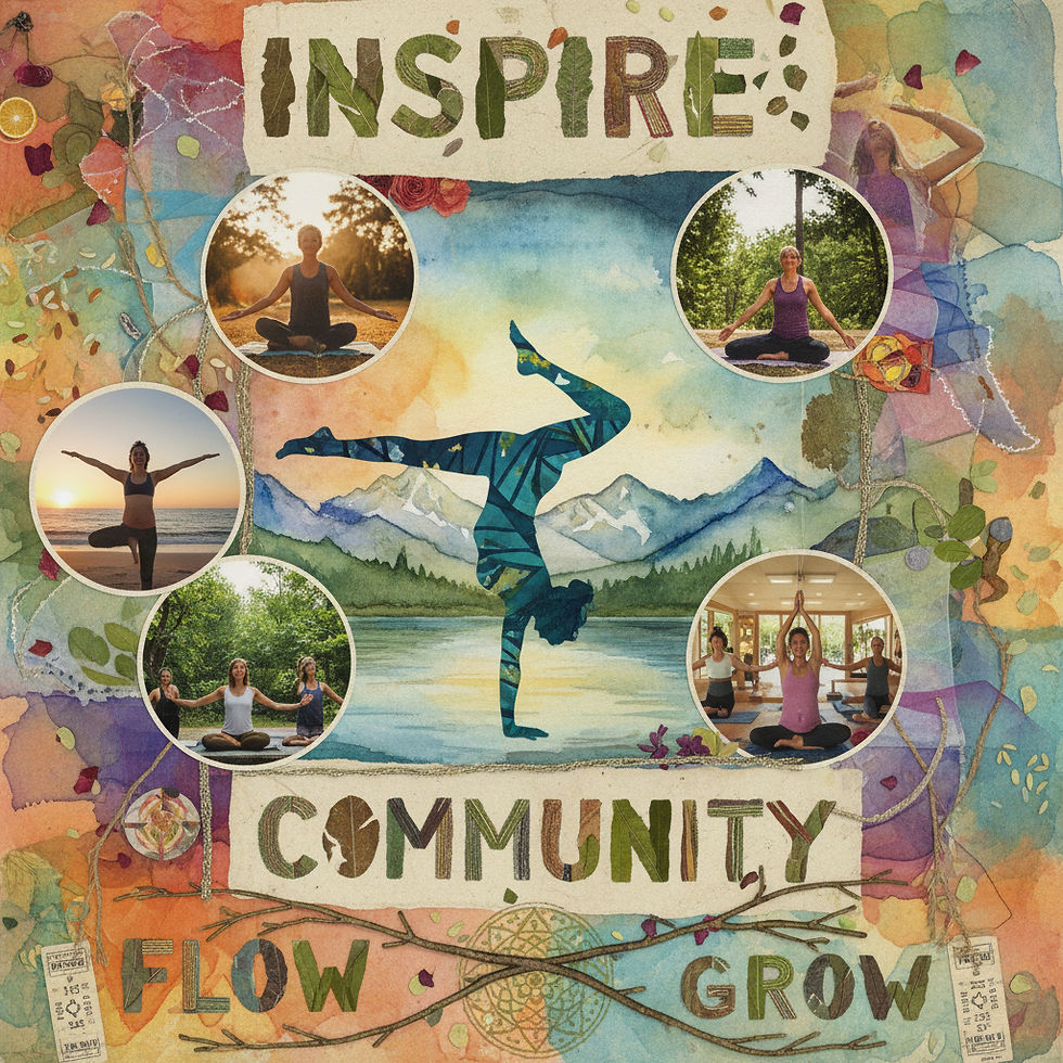 Yoga collage with meditators and handstand pose in nature, over watercolor mountains and lake; text reads Inspire Community Flow Grow.