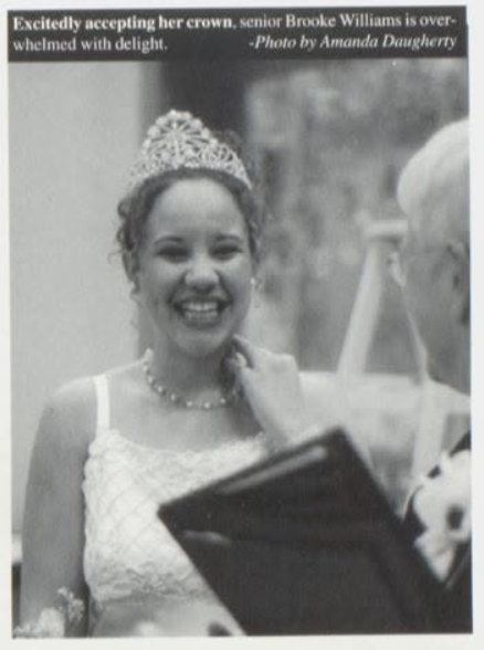 Smiling senior Brooke Williams in a tiara accepts her crown at a ceremony; caption text says she’s overwhelmed with delight.