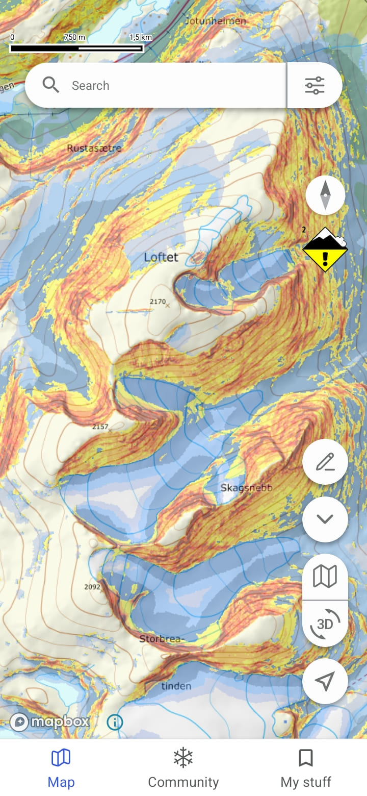Screenshot of avalanche maps from the app.