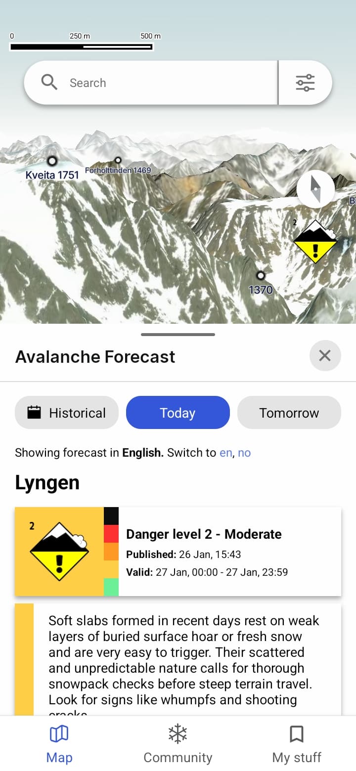 Screenshot of avalanche forecast from the app.