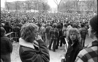 Historic crowd at Hash Bash Protest 2026 in Ann Arbor Diag showing large gathering of protesters during early cannabis activism movement
