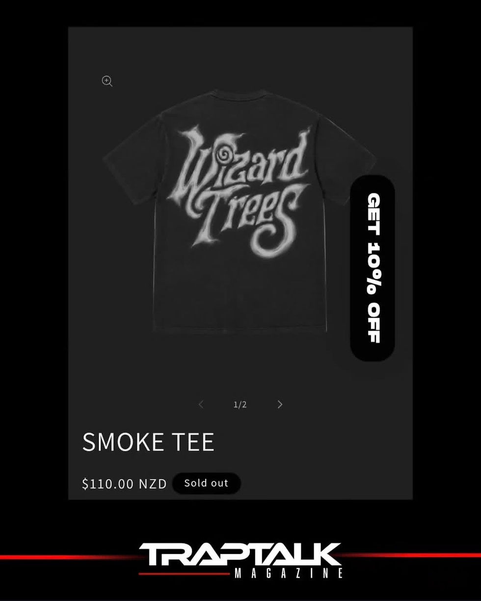 Black Wizard Trees Smoke Tee shown in an online store listing with a sold-out label and Trap Talk Magazine branding.