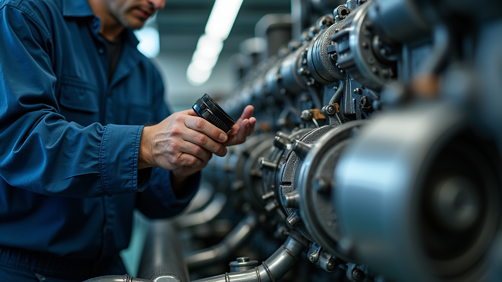 Eye-level view of a diesel engine undergoing cleaning and inspection