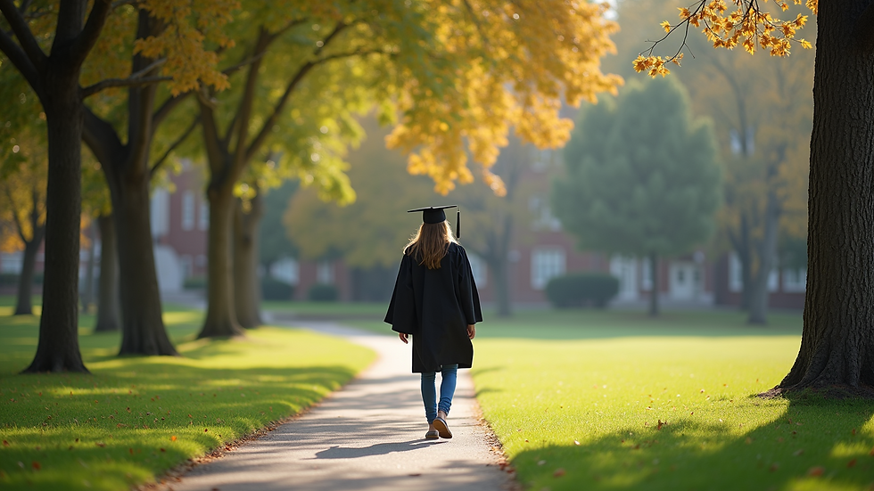 Wide angle view of a university campus with a graduate walking along a pathway
