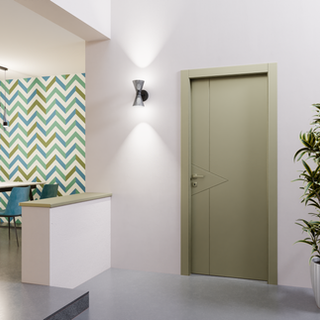 I-PEA Porte Design ambiente con tappezzeria a sx con geometrie verdi e azzurre ES-INCTR1LV_Mod_G Stile Mood colore unico 3 Incisioni