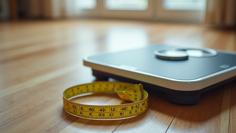 Eye-level view of a fitness scale with a measuring tape
