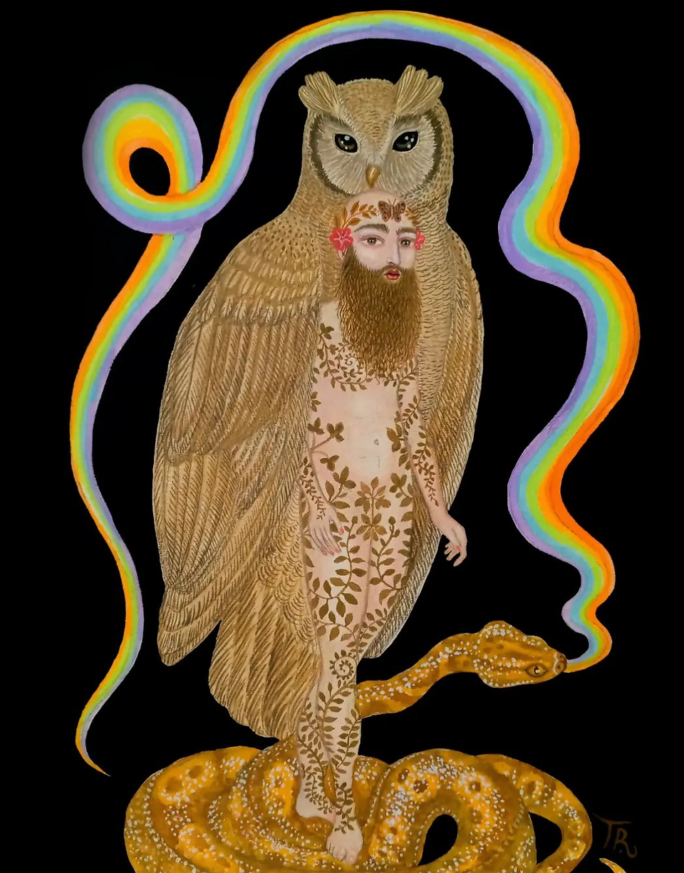 Artwork by artist Tino Rodriguez , which inspires Kailo Naturetherapy, depicts complex representations of fantastical worlds and beings, from spiritual elements to surreal landscapes.