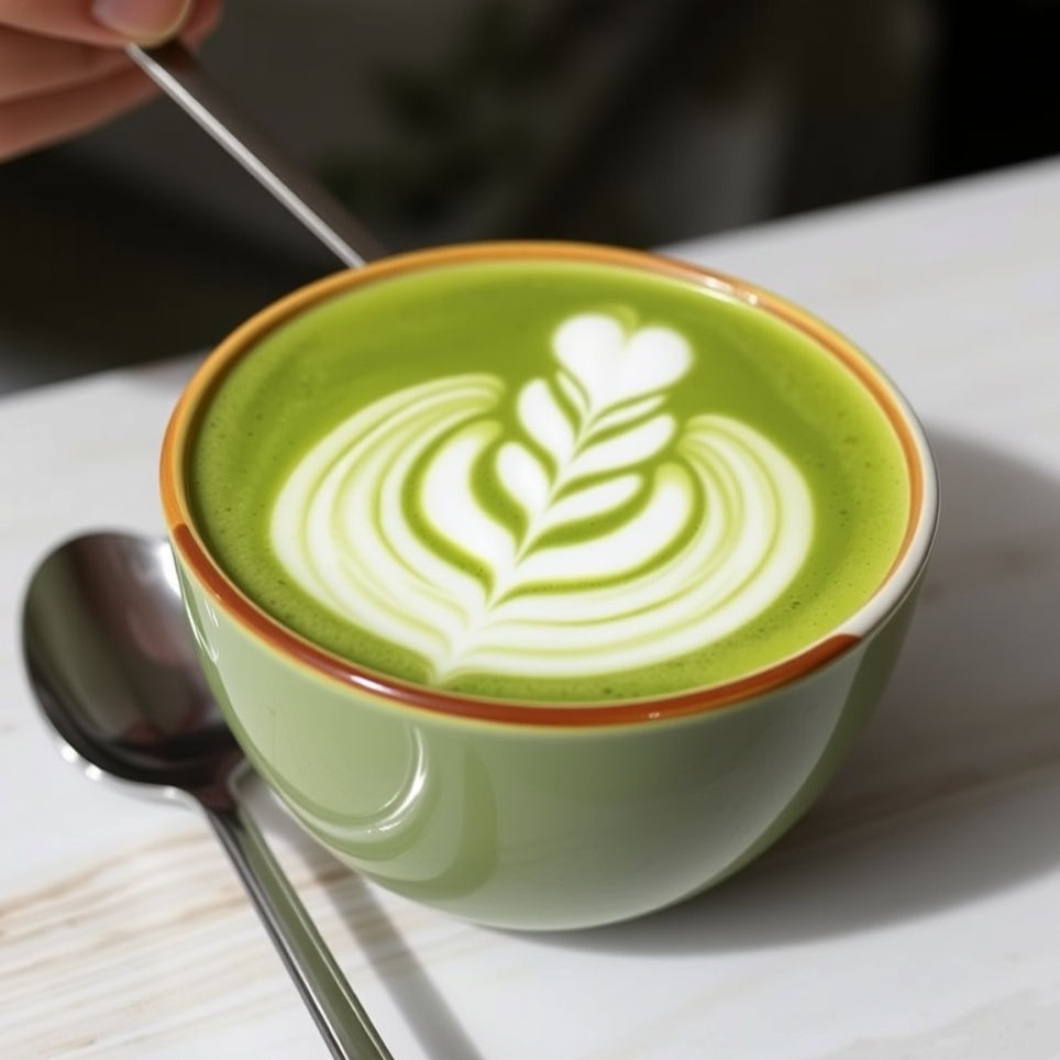 a cup of matcha with a floral latte art design
