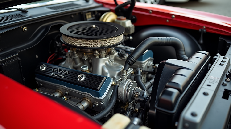 Close-up view of a custom car engine at a meetup