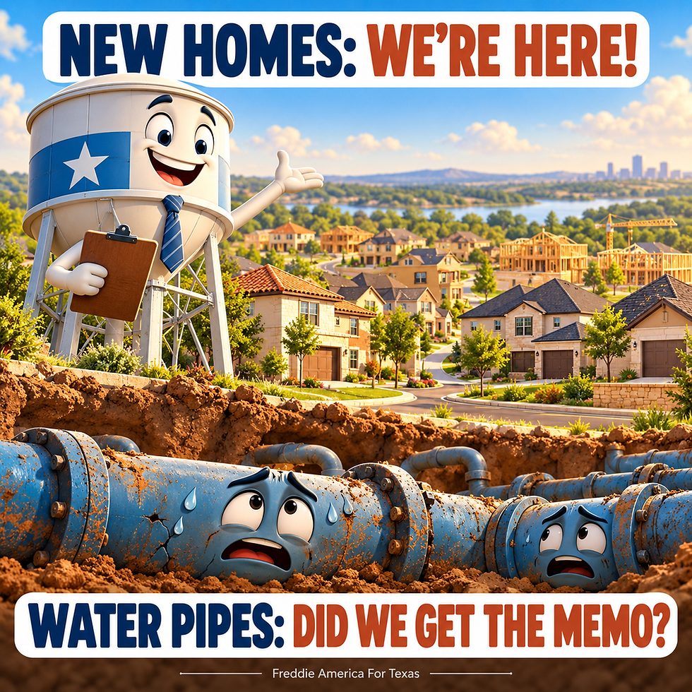 Cartoon meme showing new homes arriving while worried water pipes ask whether they received the memo.