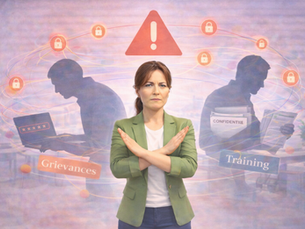 Confident female HR consultant in a green blazer stands in a soft pastel office setting with her arms crossed, positioned in front of shadowy figures representing insider threat risks. Digital security icons and swirling connection lines surround the scene, symbolising data protection, compliance, and proactive HR risk management.