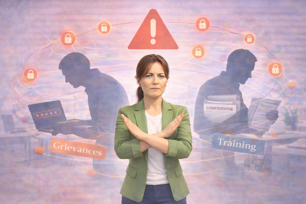 Confident female HR consultant in a green blazer stands in a soft pastel office setting with her arms crossed, positioned in front of shadowy figures representing insider threat risks. Digital security icons and swirling connection lines surround the scene, symbolising data protection, compliance, and proactive HR risk management.