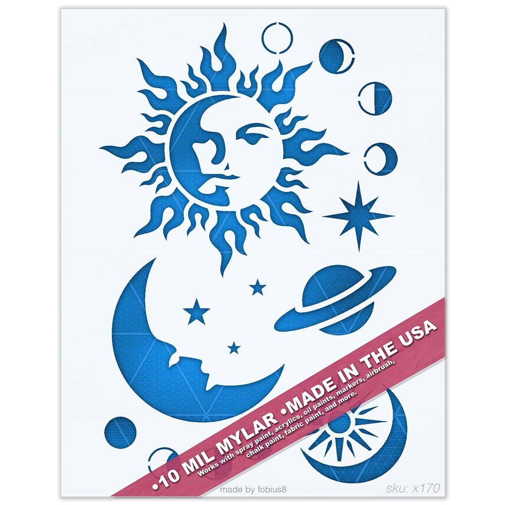 Sun Moon Stars Stencil - Celestial Planet Wall Art 10 Mil Mylar Template