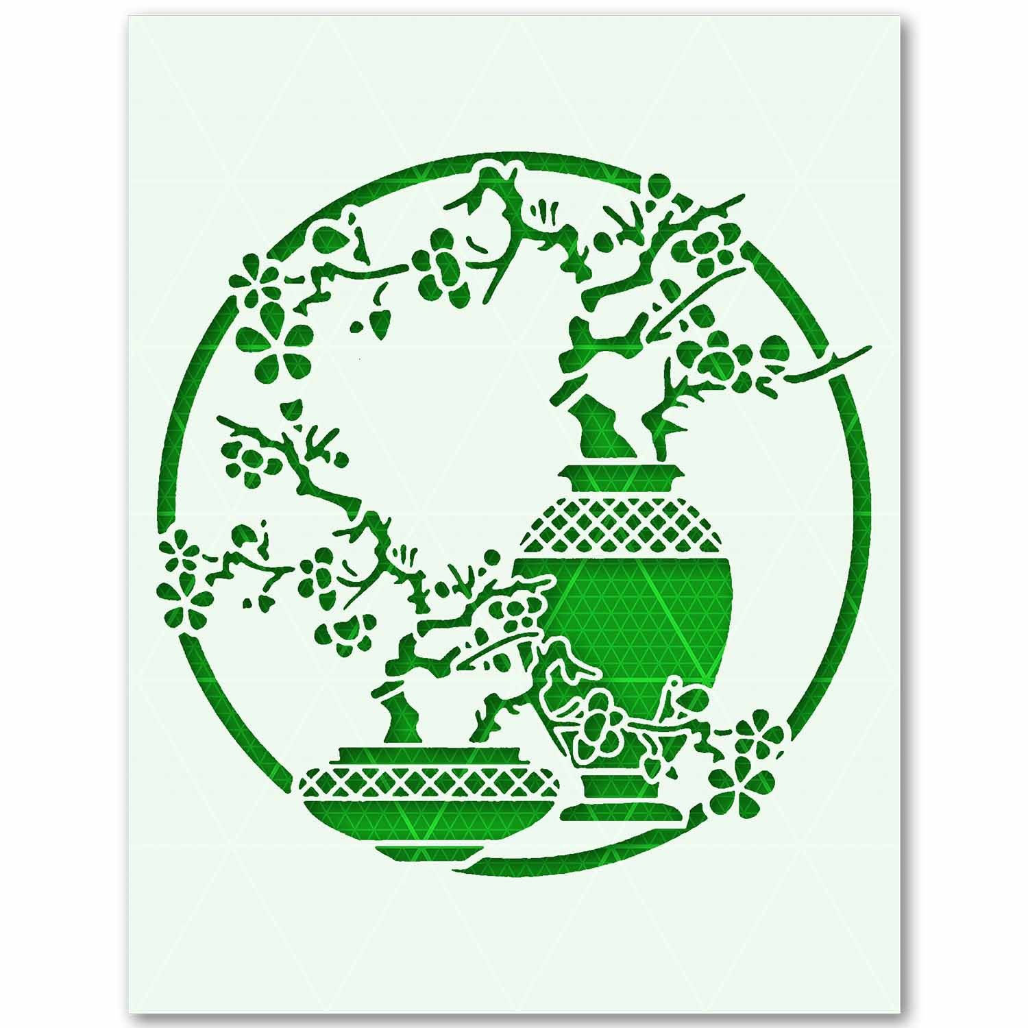 Bonsai Vase Stencil – Asian Floral Circle 10 Mil Mylar Template