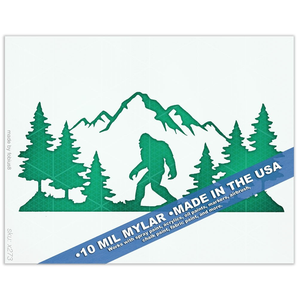 Sasquatch Forest Stencil - Bigfoot Mountain Pine Trees 10 Mil Mylar Template