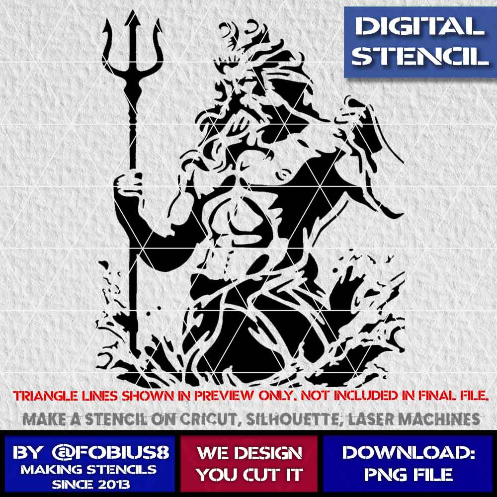 Poseidon Digital Stencil Download – PNG File for Cricut, Silhouette & Lasers