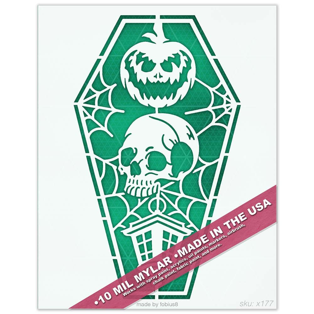 Halloween Coffin Stencil - Skull Pumpkin Spooky 10 Mil Mylar Template