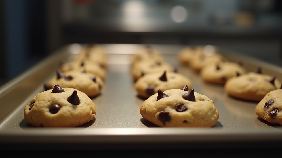 Eye-level view of a baking tray with UK style chocolate chip cookies ready to go into the oven