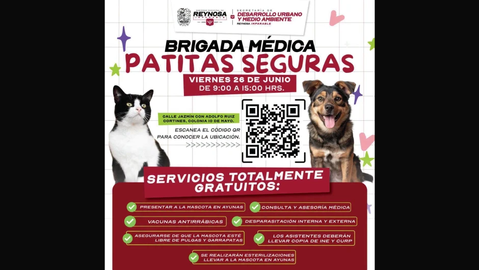Invita Gobierno de Reynosa a la Brigada Médica Veterinaria Patitas Seguras 