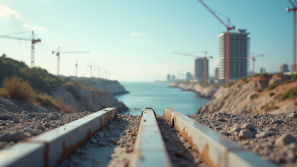 Vue au niveau des yeux d’un chantier immobilier en bord de mer avec des grues et des bâtiments en construction