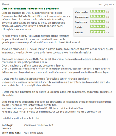 Recensione di un paziente pubblicata su QSalute nel Luglio 2019