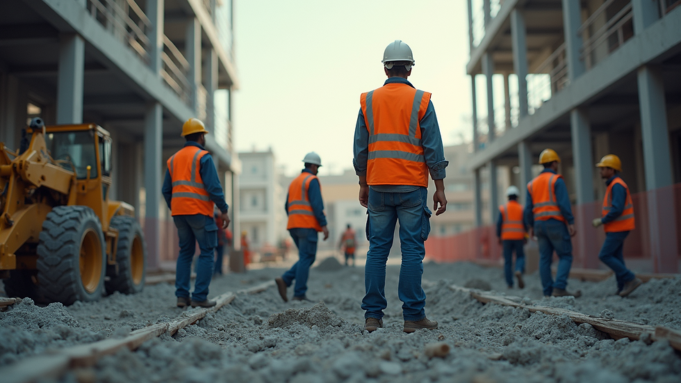 Eye-level view of a construction site with workers collaborating