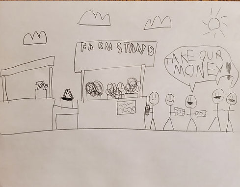 Stick people shopping at a farmstead